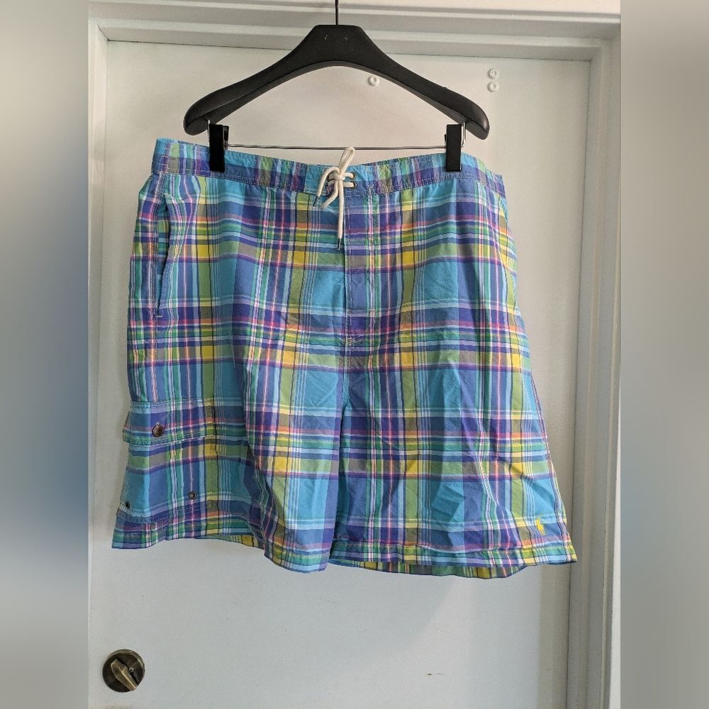 Ralph Lauren Polo Vintage Plaid Men's Cargo Swim Shorts - Blue, Yellow, Green